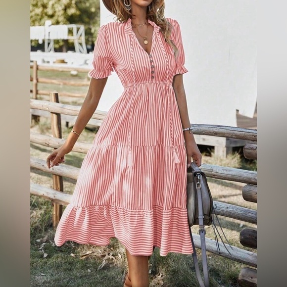 SHEIN VCAY Striped Print Flounce Sleeve Ruffle Hem Dress M - Picture 1 of 10